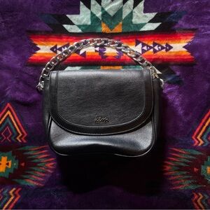 Black Leather Shoulder Bag with Curved Flap